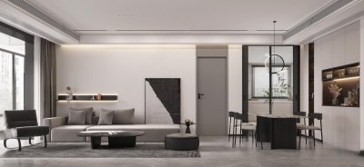 现代黑白灰客餐厅3D模型下载